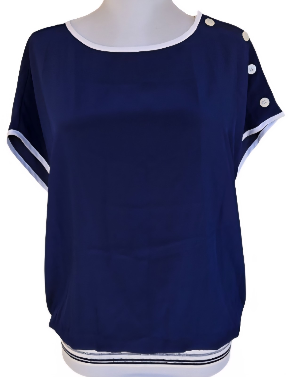 1980s COUNTERPARTS Navy Blue Blouse with White Trim and Dolman Sleeves Size 10