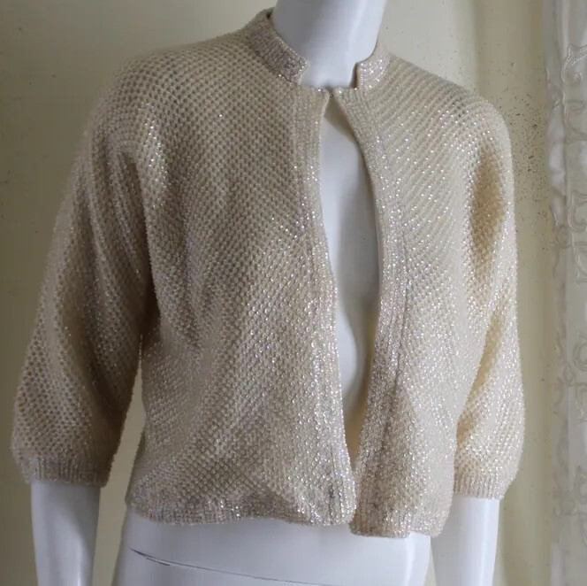 CAMPY ESTATE Vintage 1960s Lux Wool SEQUIN Beaded Wool Cardigan Sweater 38 S M