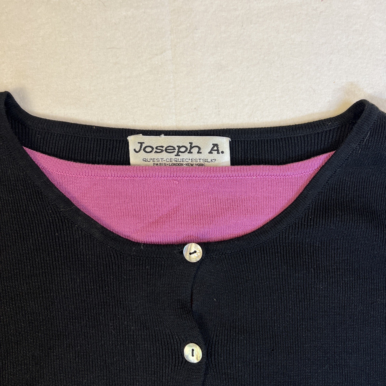 Joseph A. Twin Cardigan Fuscia / Black Shell Buttons Medium Vtg 100% Silk