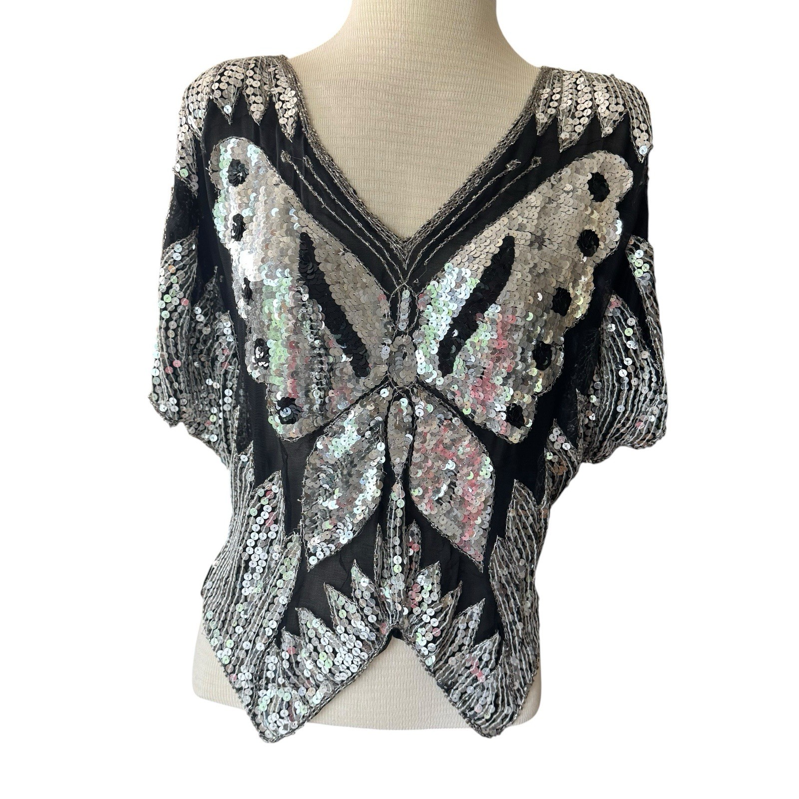 Vintage 70’s Sequin, Beads Silk Butterfly Blouse Retro Boho Disco Festival Glam
