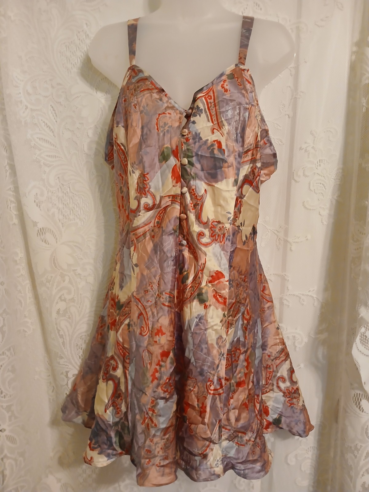 Vintage Intimates SILK Pastel Paisley Nighty Slip Dress Negligee Lingerie XL EUC