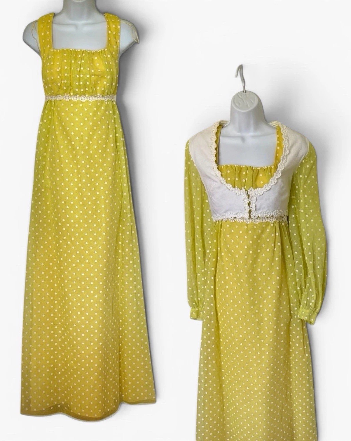 Vintage 70s Yellow Polka Dot Maxi Dress & Bolero Jacket XS/S Prarie Princess
