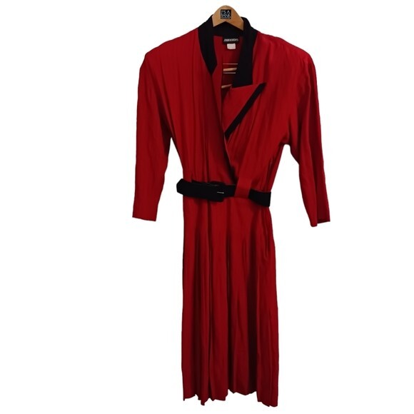 Vintage 1980’s Dress John Roberts Red Dress Med Pleated Pin Stripe Belt