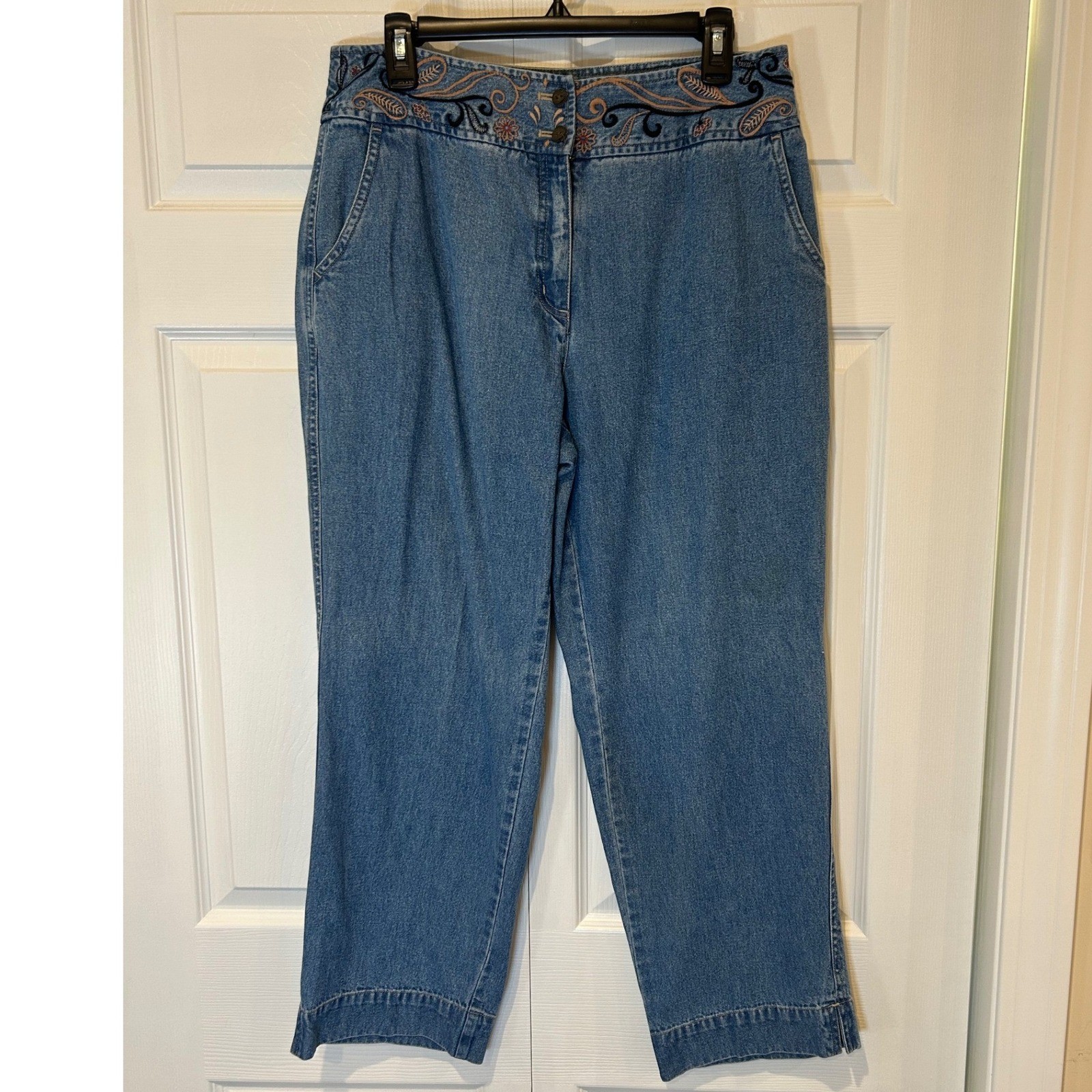 J. Jill Straight Leg Jeans Women 14 Blue Embroidered Waistband High Rise Tencel