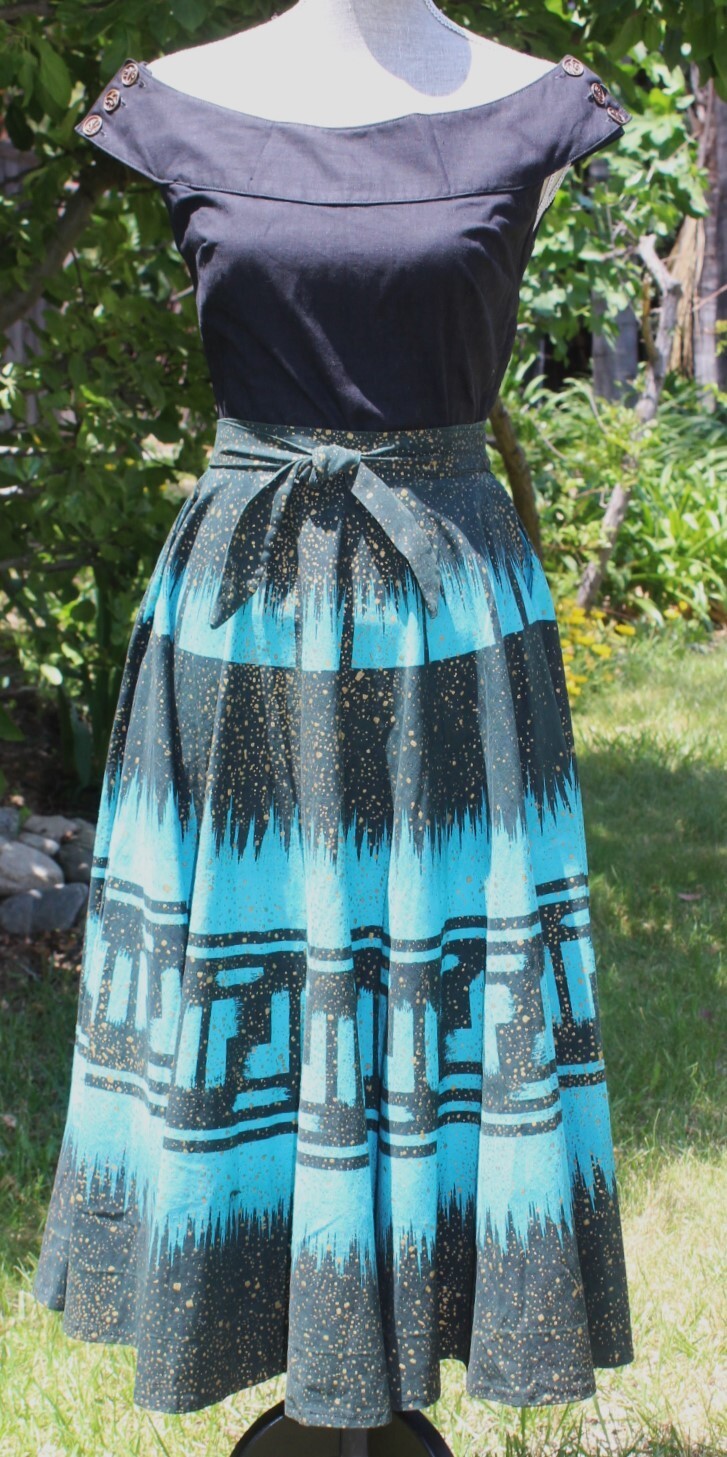 1950s Mexico Full Circle Skirt & Top XS by Mocambo, Black Blue Gold