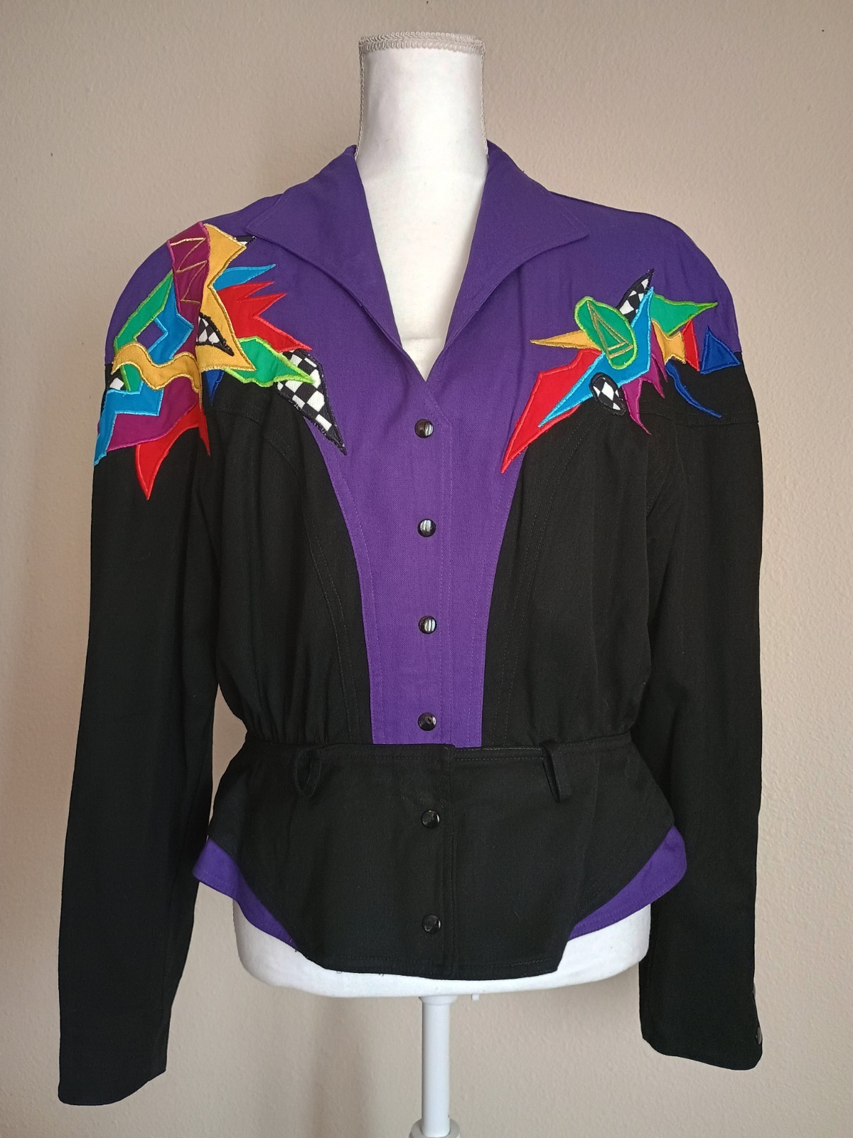 Vintage 80s IIF Jacket Purple & Black With Colorful Applique Structured Glam