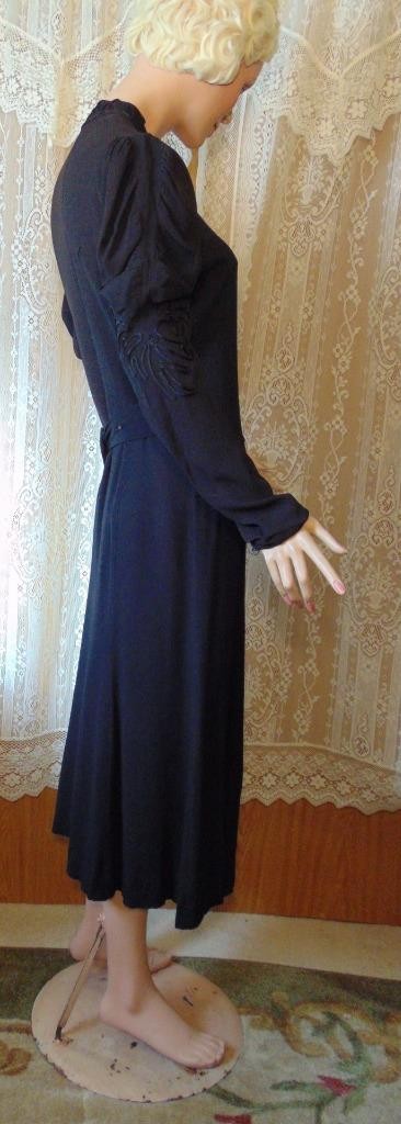VTG 30s Black Crepe Dress Amazing Juliet Sleeves Soutache trim 36B has fade