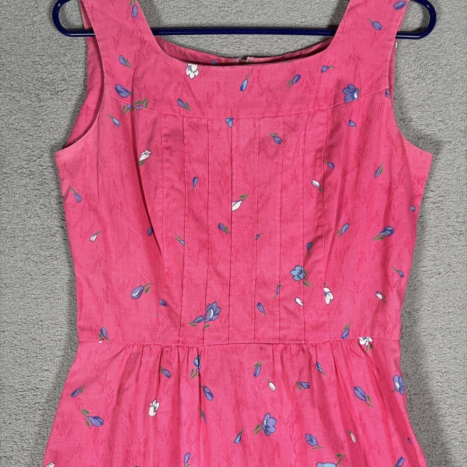Malia Vintage Pink Floral Cotton Sleeveless Fit Flare Midi Dress Pintuck Bodice