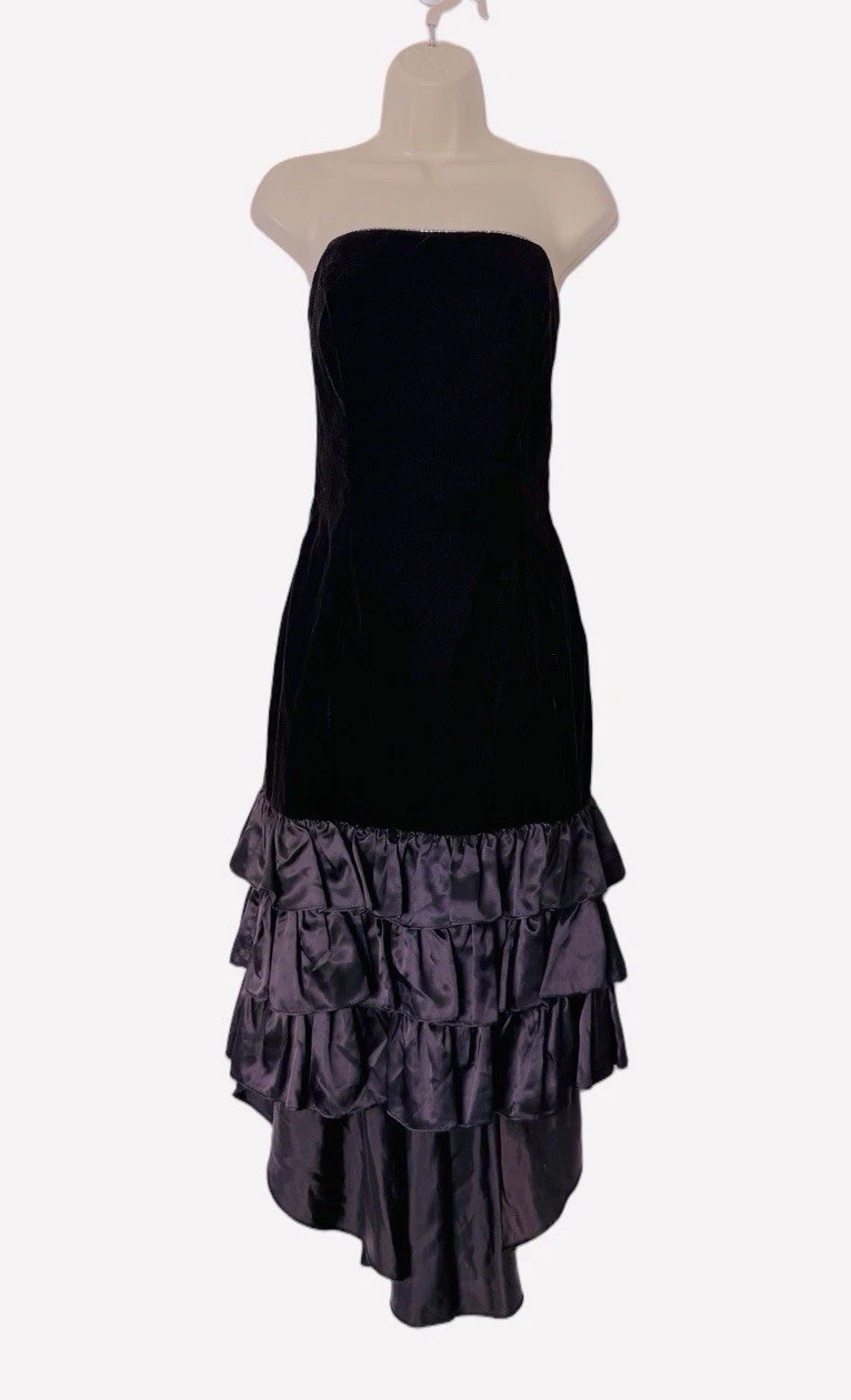 L.A. Glo Vintage 90s Velvet Ruffled Layered Hem Cocktail Dress Size 11/12 Party
