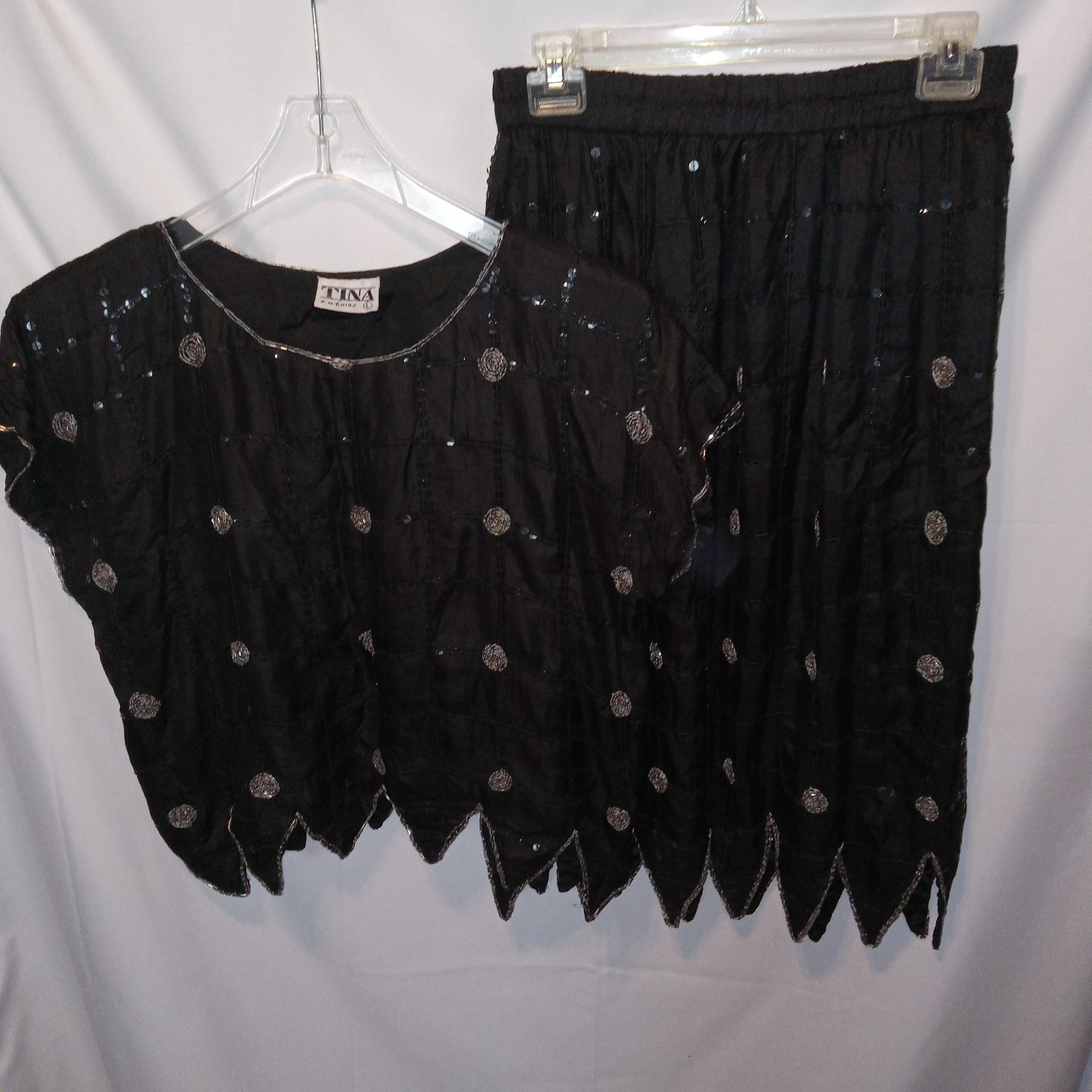 Rare Vtg 80’s Tina Silk Skirt Set Black Sequin Beaded Jagged Hem Costume Party