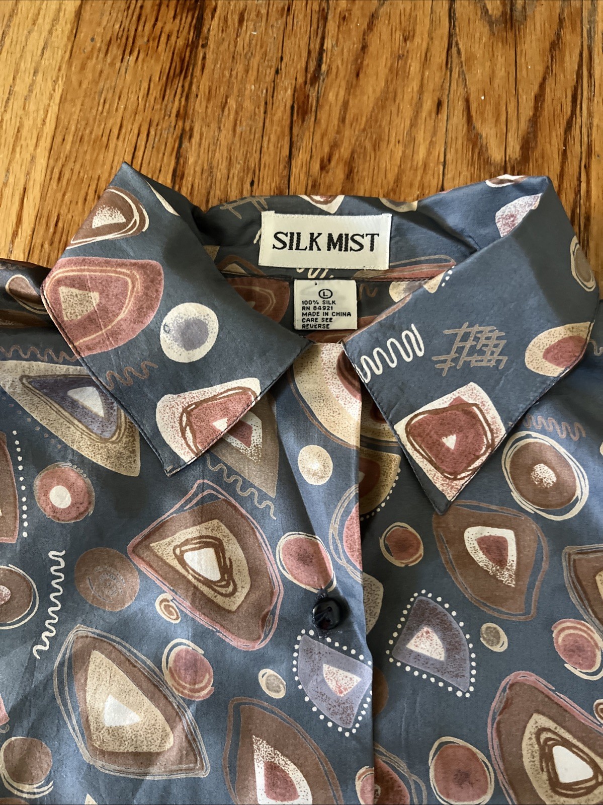 Silk Mist VTG 90s 100% Silk Shirt Abstract Art Print Button Up Shoulder Pads L