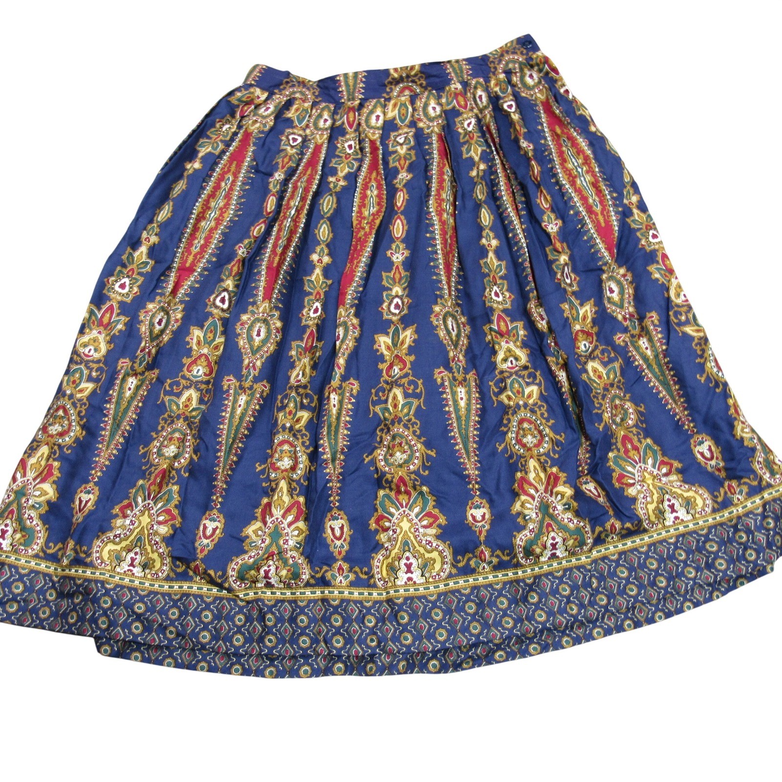 Herman Geist Vintage Paisley Pleated Midi Skirt Navy Blue Wool Blend Size 16