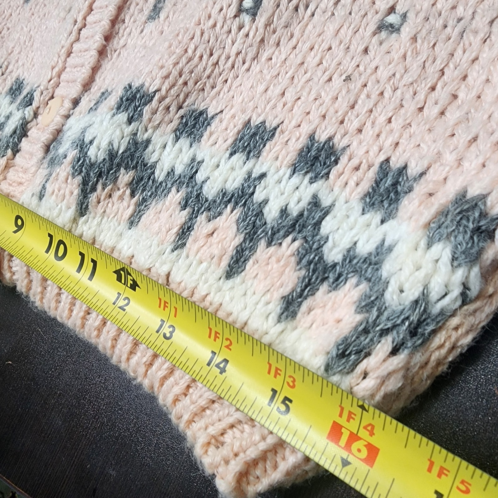 Vintage Knitted by Hand Sweater Size L Pale Pink Gray White Fair Isle Cardigan