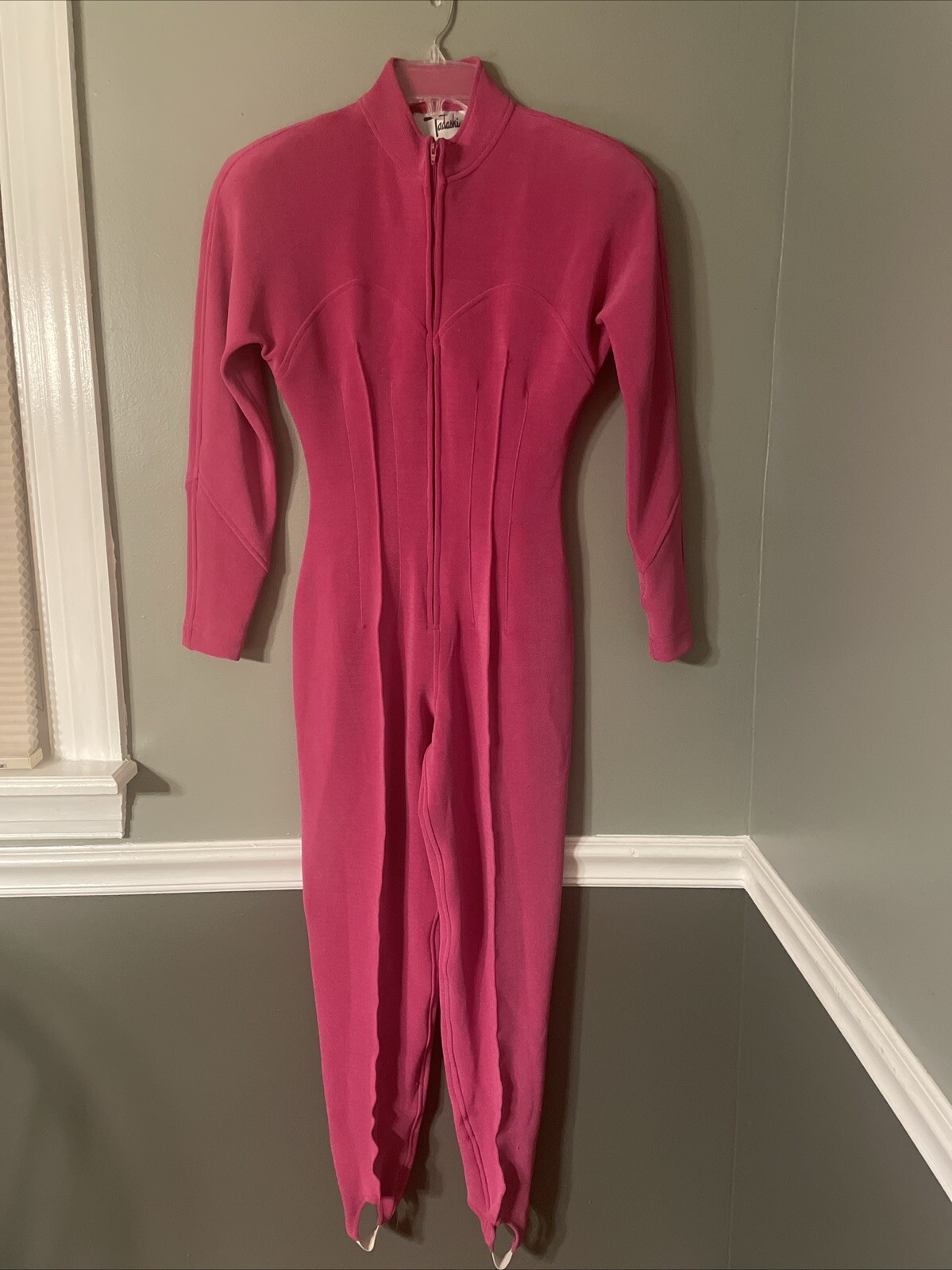 Vtg Tadaski Hot Pink Zippered Jumpsuit Shoulder pads And Stirrups Size S Rare