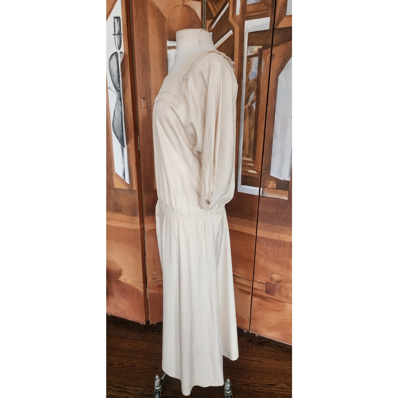Vintage 80s Cream Silk Dress Lace Trim Edwardian Style Norma Walters