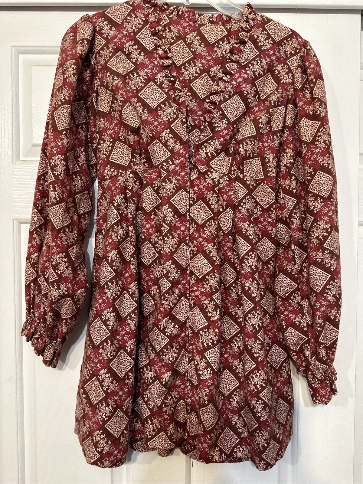 Vintage 1973 Flannel V-Neck Dress Ruffle At Neck Empire
