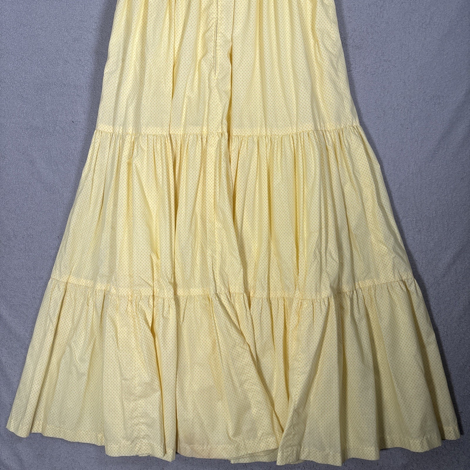 Vintage Yellow Polka Dot Prairie Maxi Dress Lace Trim Cottagecore Puff Sleeve