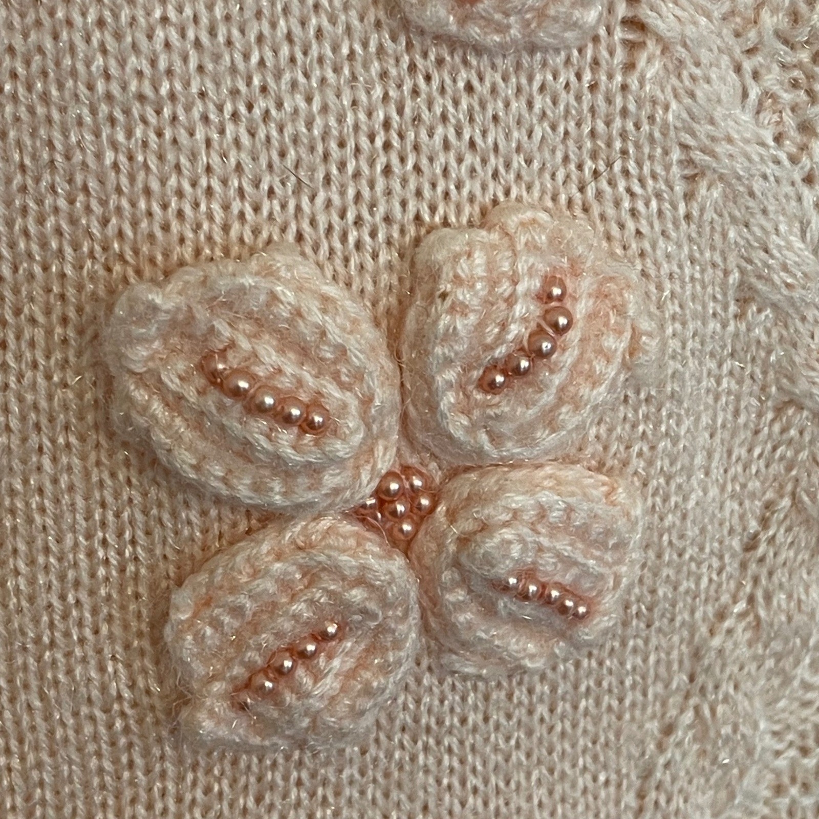 Fashion Ferza Vintage Peach Floral Beaded 3D Applique Knit Sweater Grannycore