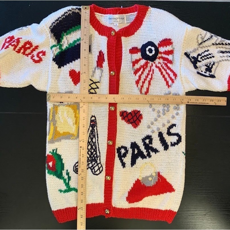 Vintage 90s The Eagles Eye Paris Cardigan Sweater Knit Short Sleeve Novelty Sz M