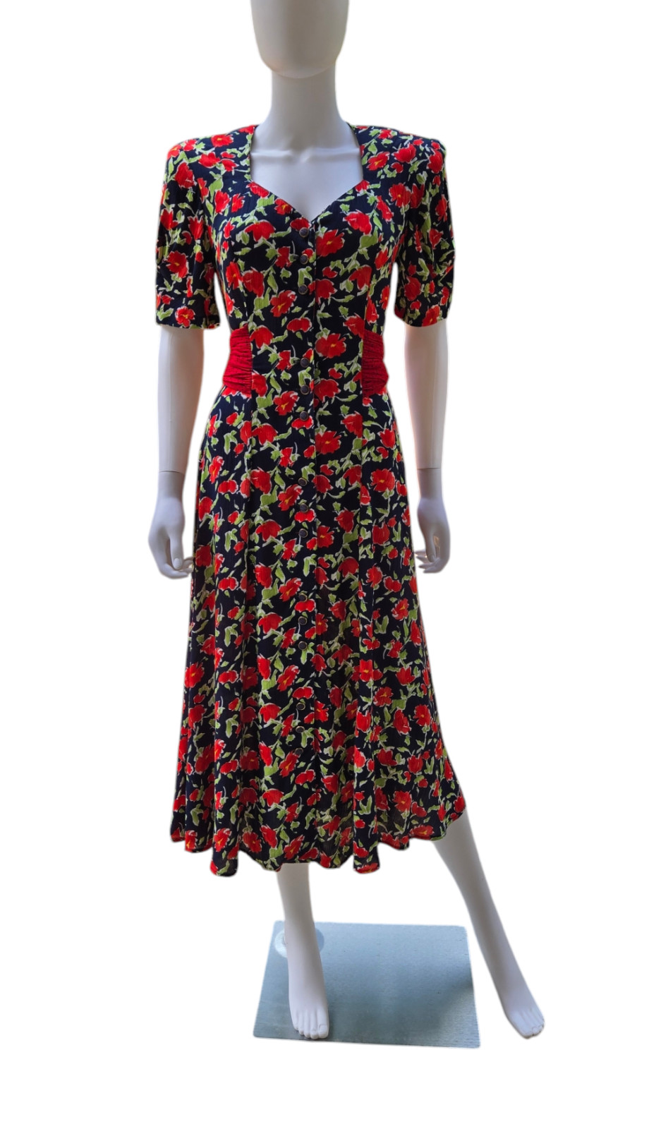 VTG 80s Does 40s Carole Little Rayon Gauze Red White Blue Floral Print Dress S M