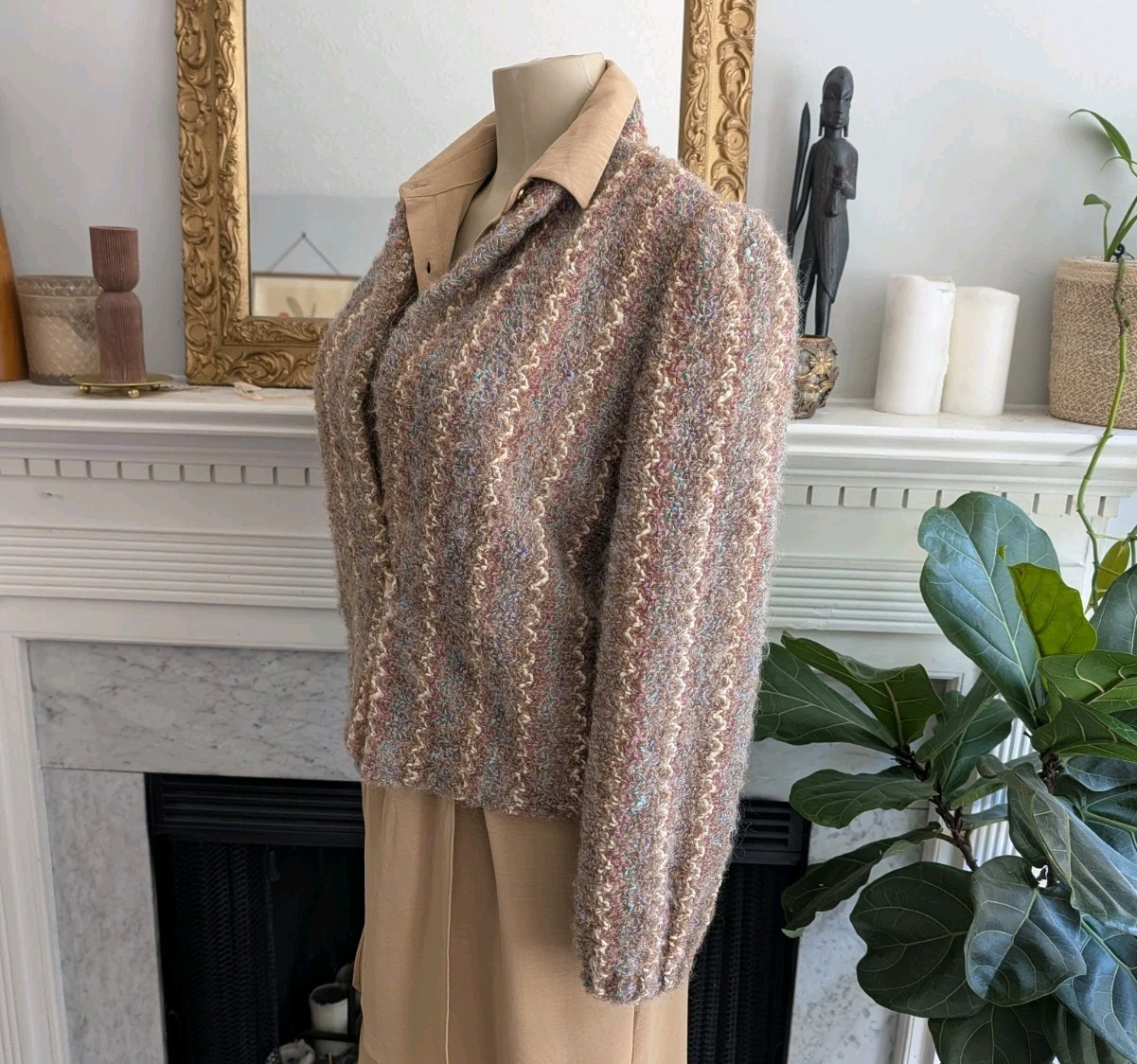 Vintage 80s Donnkenny Textured Bouclé Blazer Sz 14 Tan Striped Jacket Lambswool