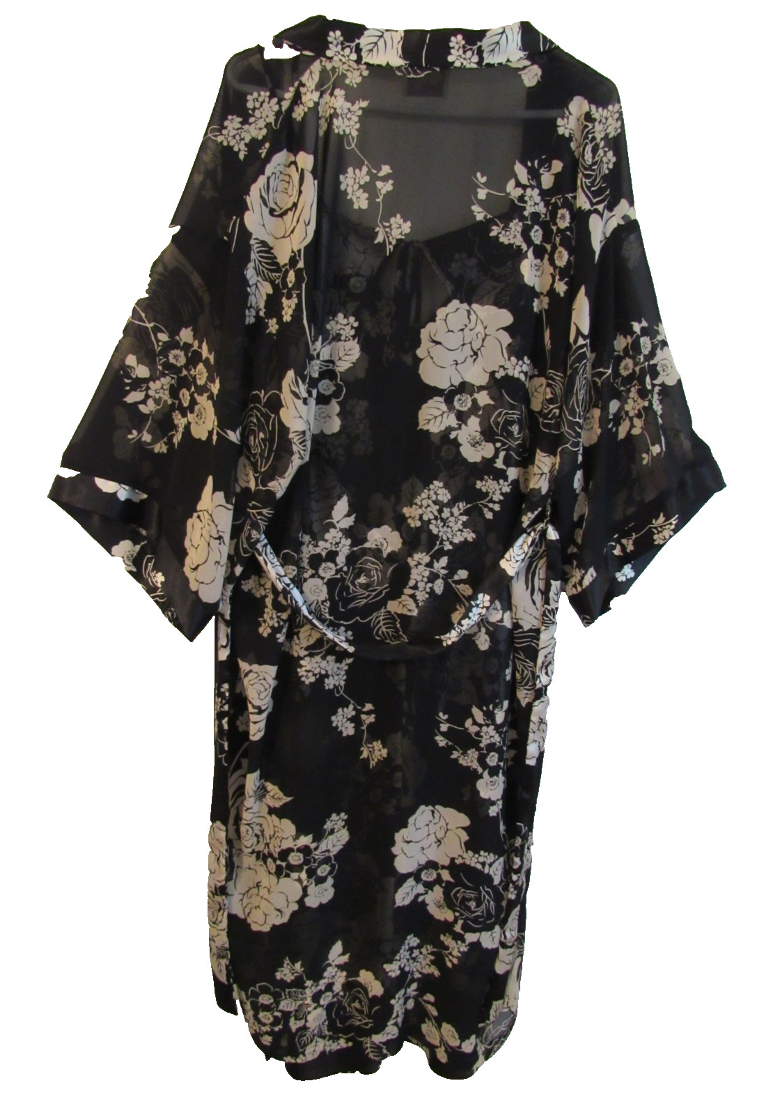 VTG California Dynasty Size Large 2 Piece Nightgown & Robe Black & Cream Floral