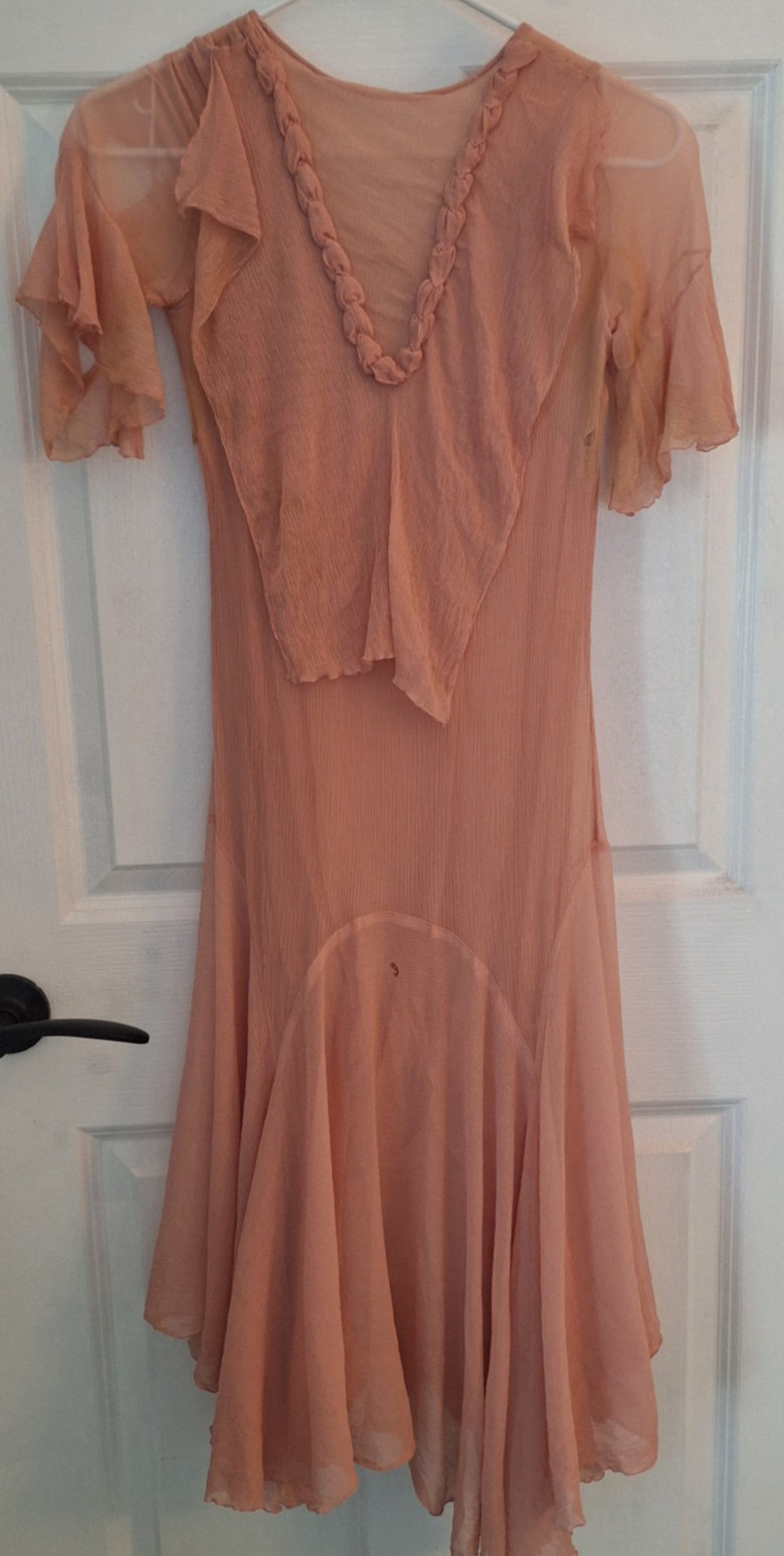 Antique 1930s Peach Chiffon Dress Rosette Trim Flutter Sleeve AS IS Art Deco