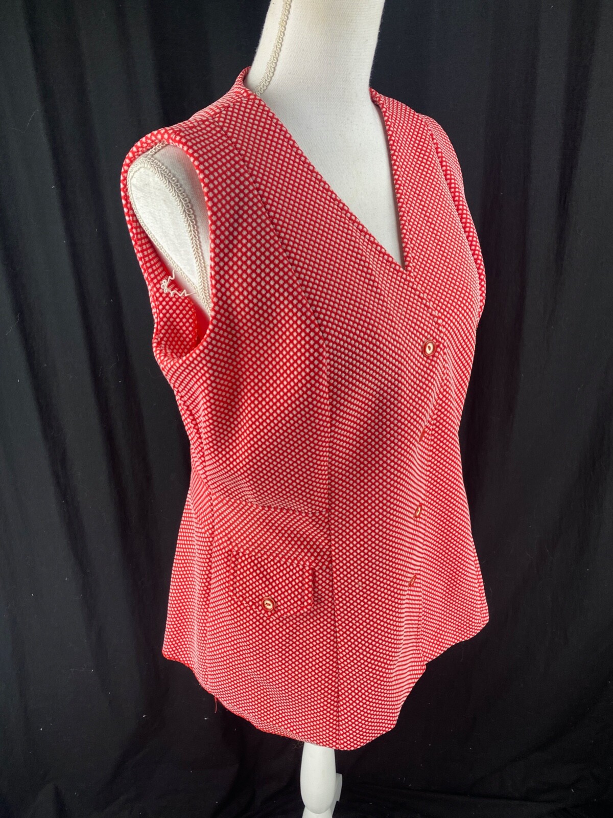 70s Womens Retro Mod Button Vest Argyle Hippie Boho Sleeveless Top Red