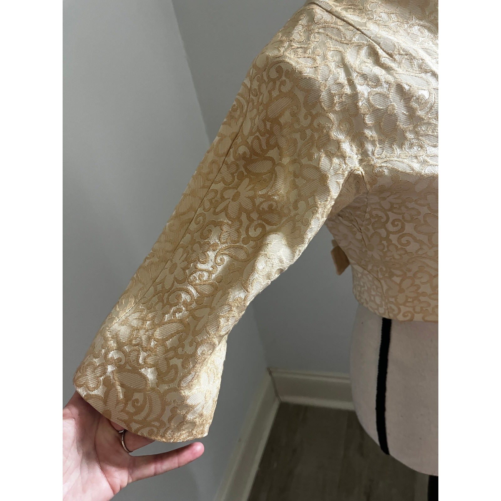 Vintage Gold Floral Brocade Cropped Jacket XS Back Bows Pinup Mid Century Modern