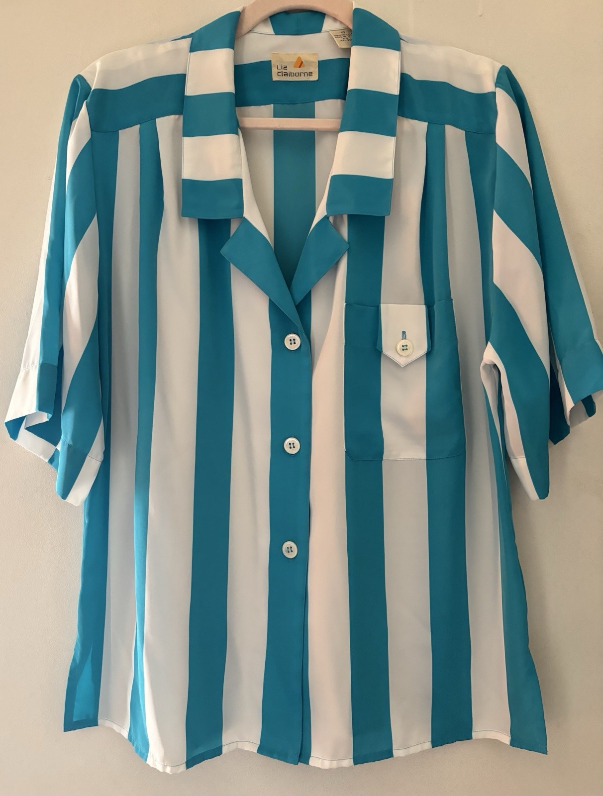 Vintage 1980’s Liz Claiborne Women’s Size 10 Teal Stripe Button Up Pocket Blouse