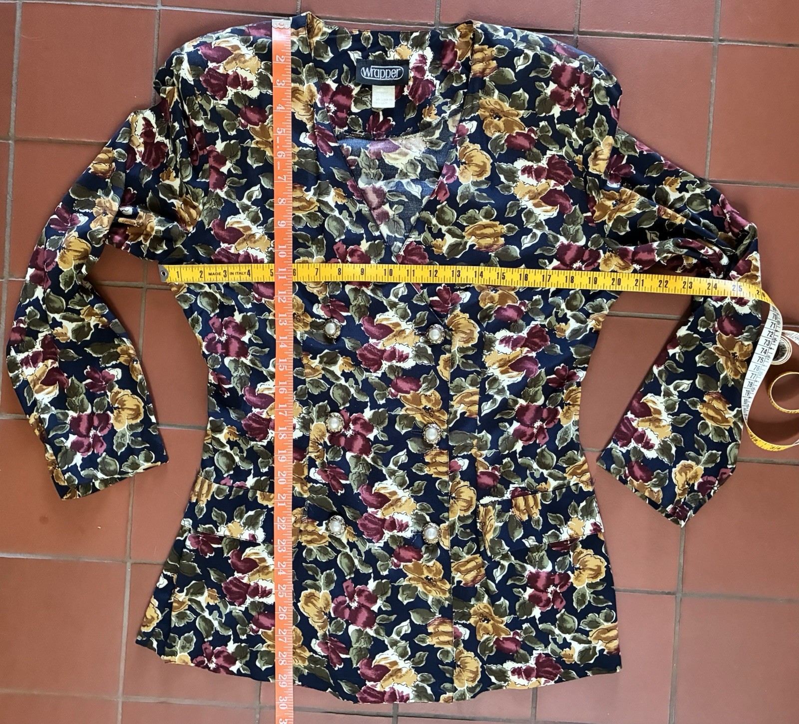 Vintage 90s Wrapper Rayon Navy Floral Double Breasted Jacket Blazer USA Made M