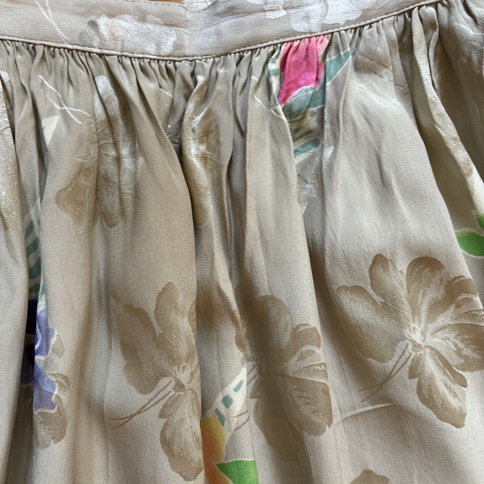 Vintage Small Size 4 Silk Skirt Tan Floral Purple Pink Yellow Coquette Feminine