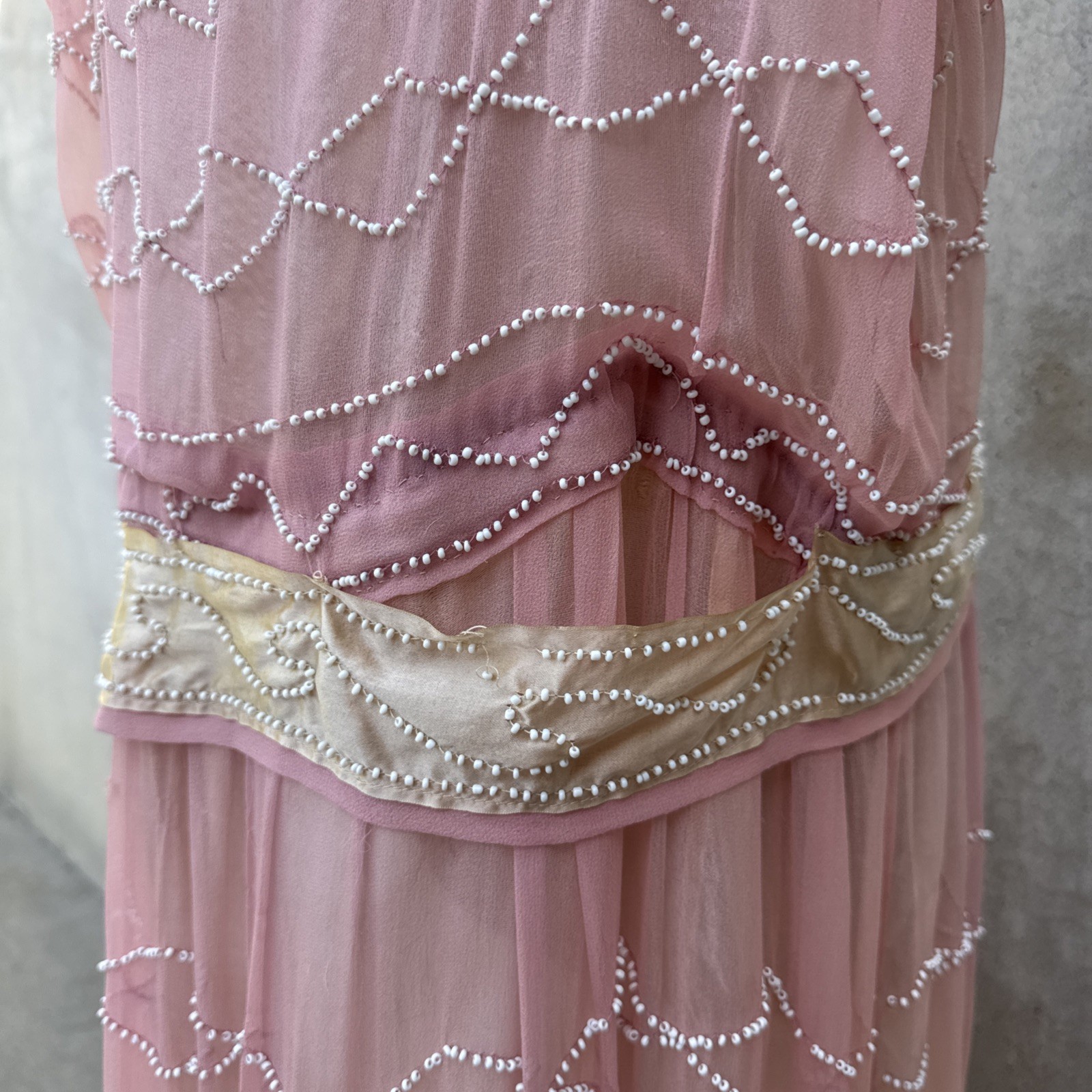 Antique 1920s Pink Silk Chiffon Dress Beaded Waves Oppenheim Collins Vintage