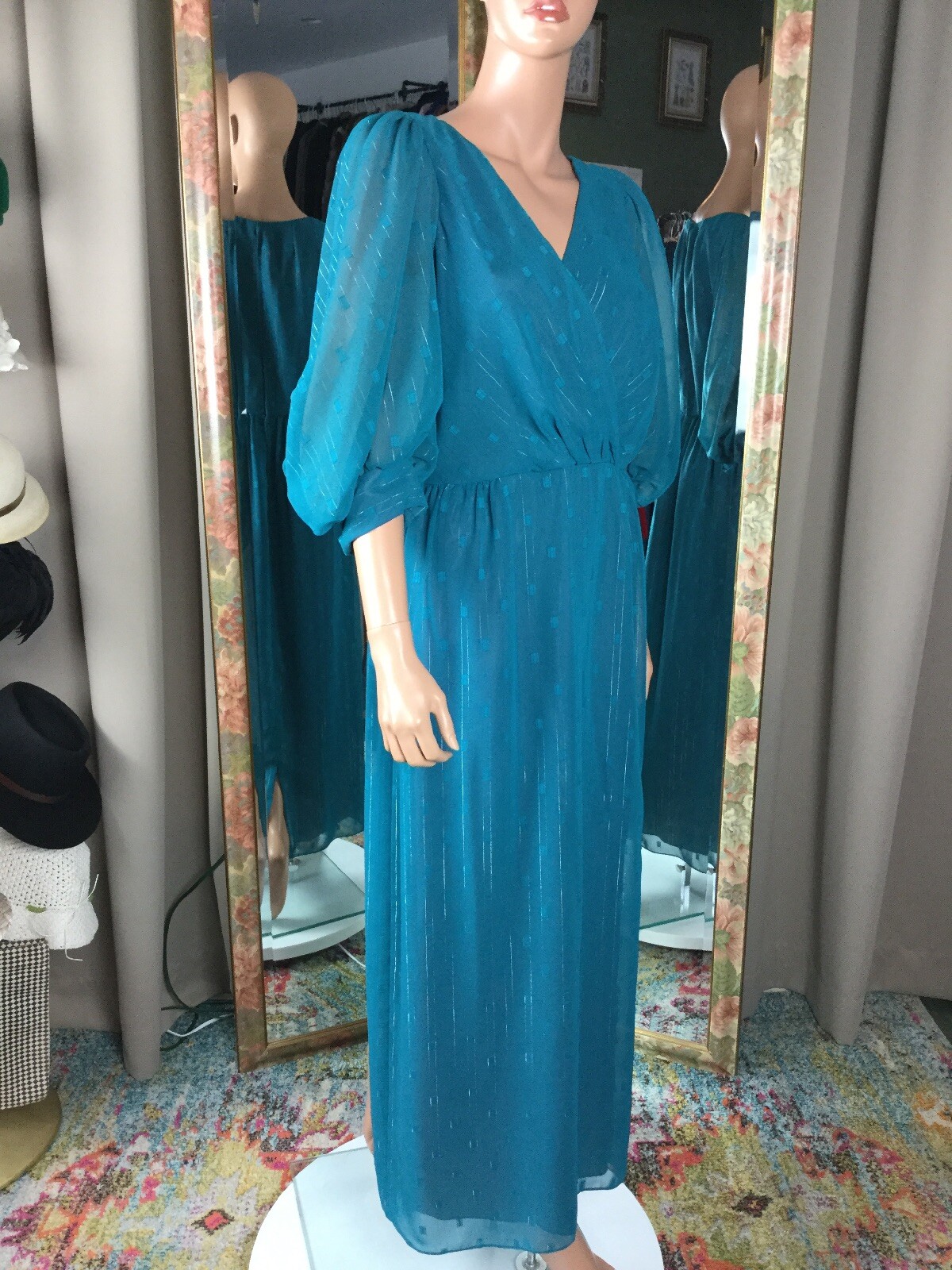 VTG David Morris Maxi Blue Silver Thread Gown Dress Lined Sz 10 Huge Sleeves