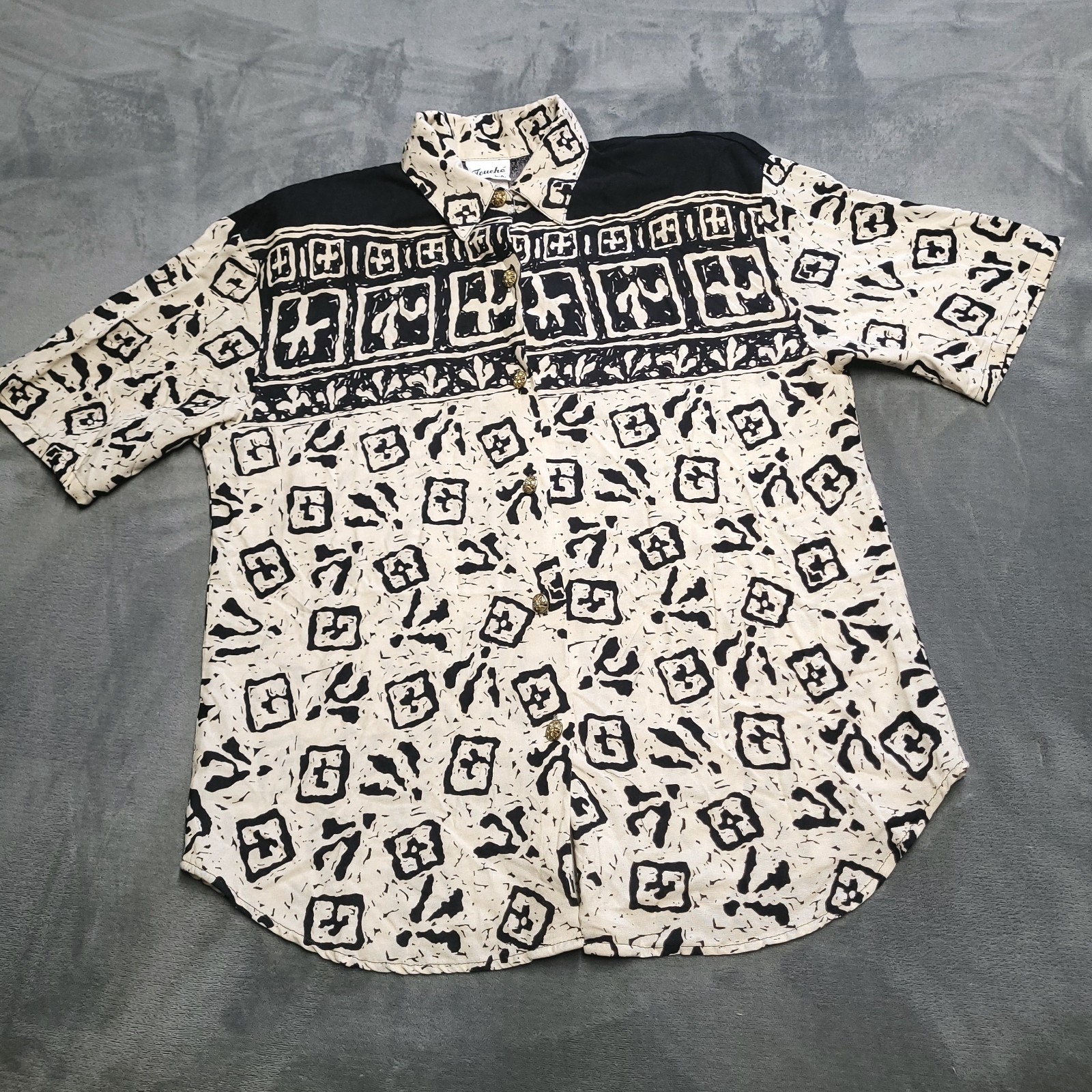 Vtg Touche LA Polynesian All Over Sz Medium Thin Button Blouse Shoulder Pads USA