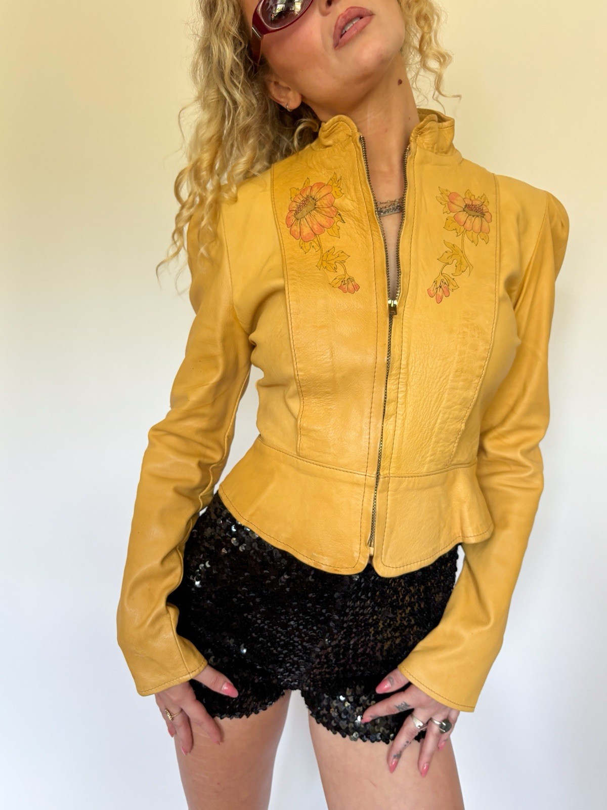1970’s Leather Hand Painted Leather Jacket Tan Buttery Soft Women’s Zip Up VTG