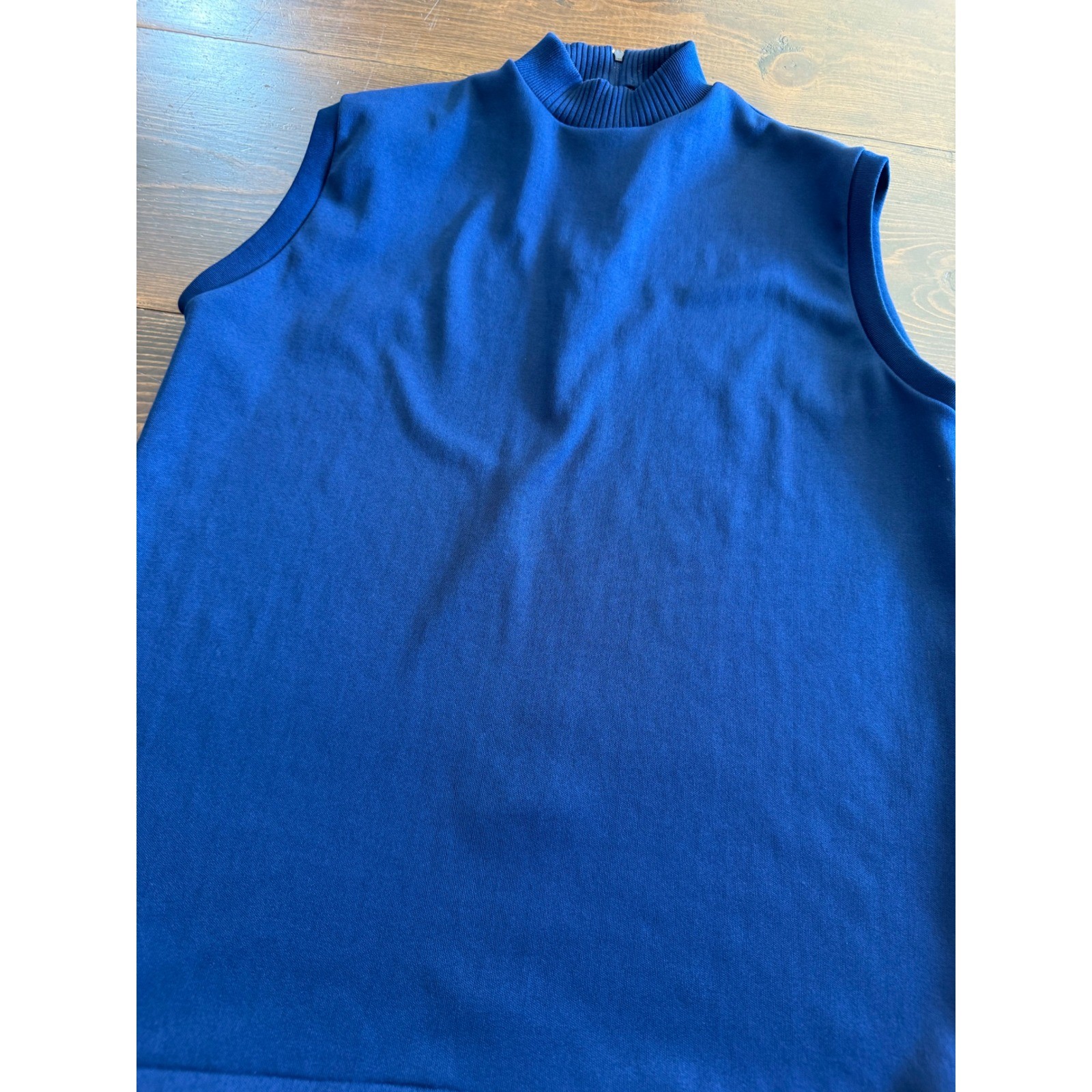 Vintage Navy Blue Sleeveless Mock Neck Top Ribbed Knit Shell Zipper Back