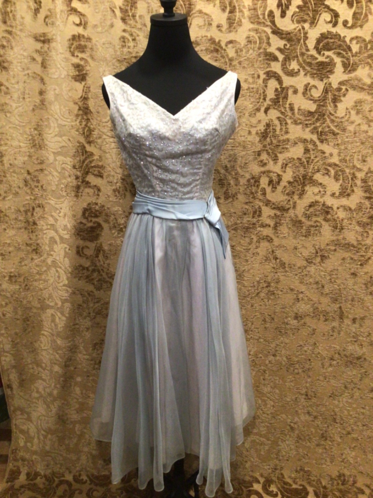 Vintage 1960s Pale Turquoise Silk Organza w/ Sequined bodice DRESS