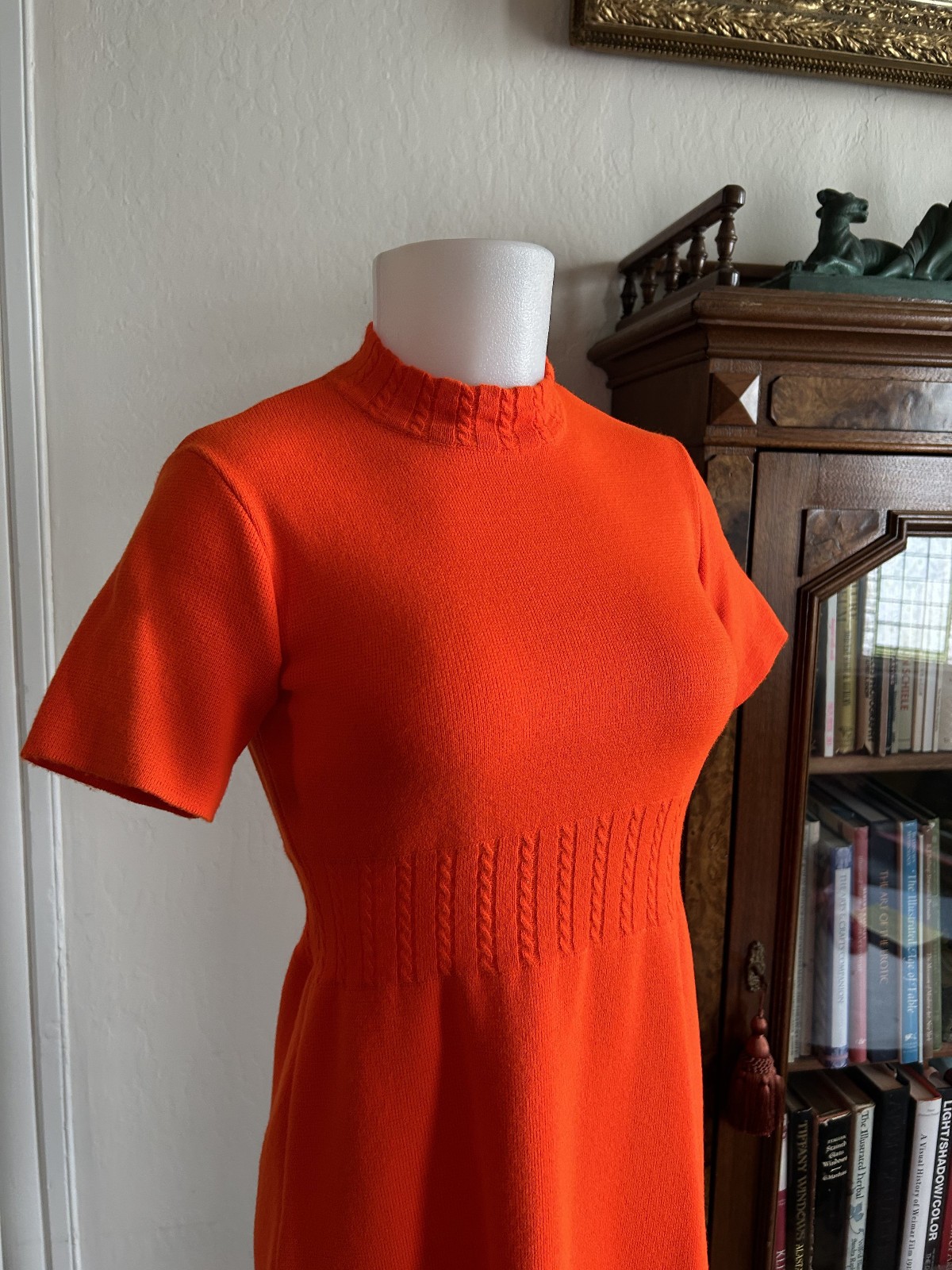 Vintage 60s 70s Knit Mock Neck Mini Dress – Op Art Gogo Mod in Orange XS vtg