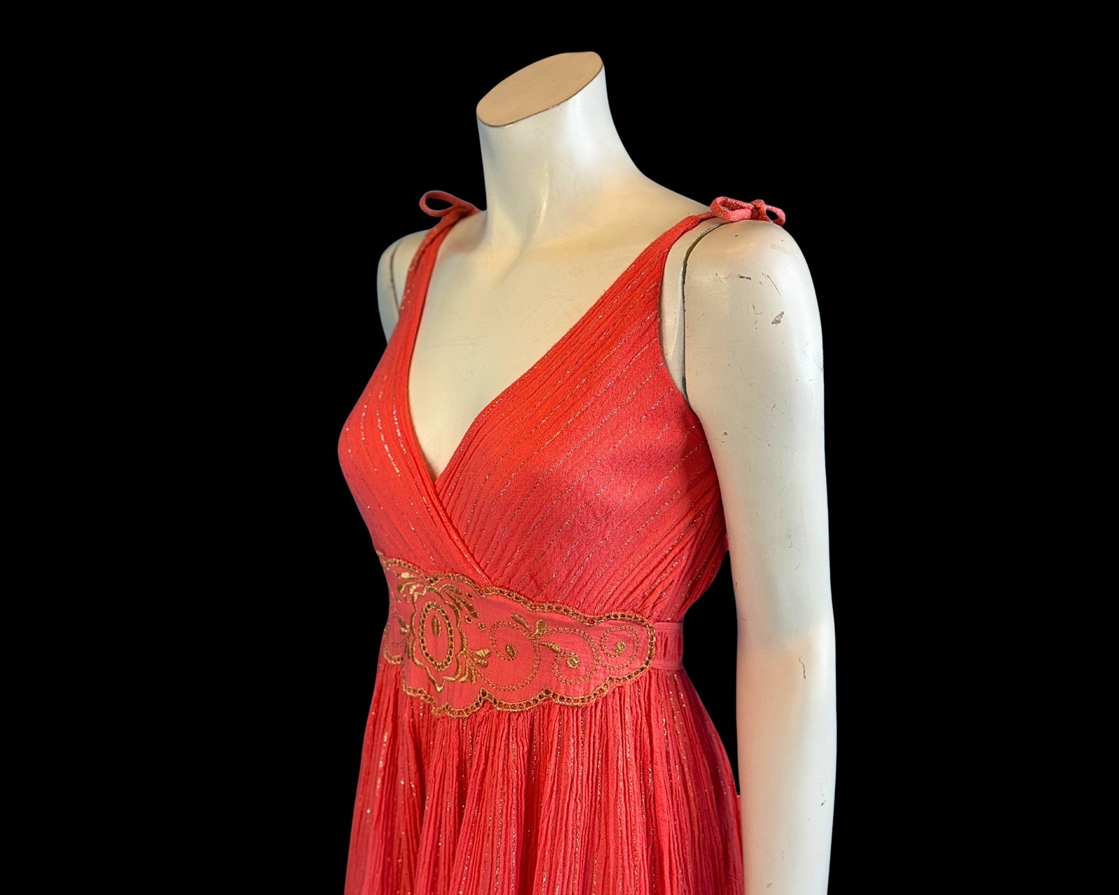 80s Greek Goddess Coral Gauze & Gold Lurex Mini Vintage Sundress | S