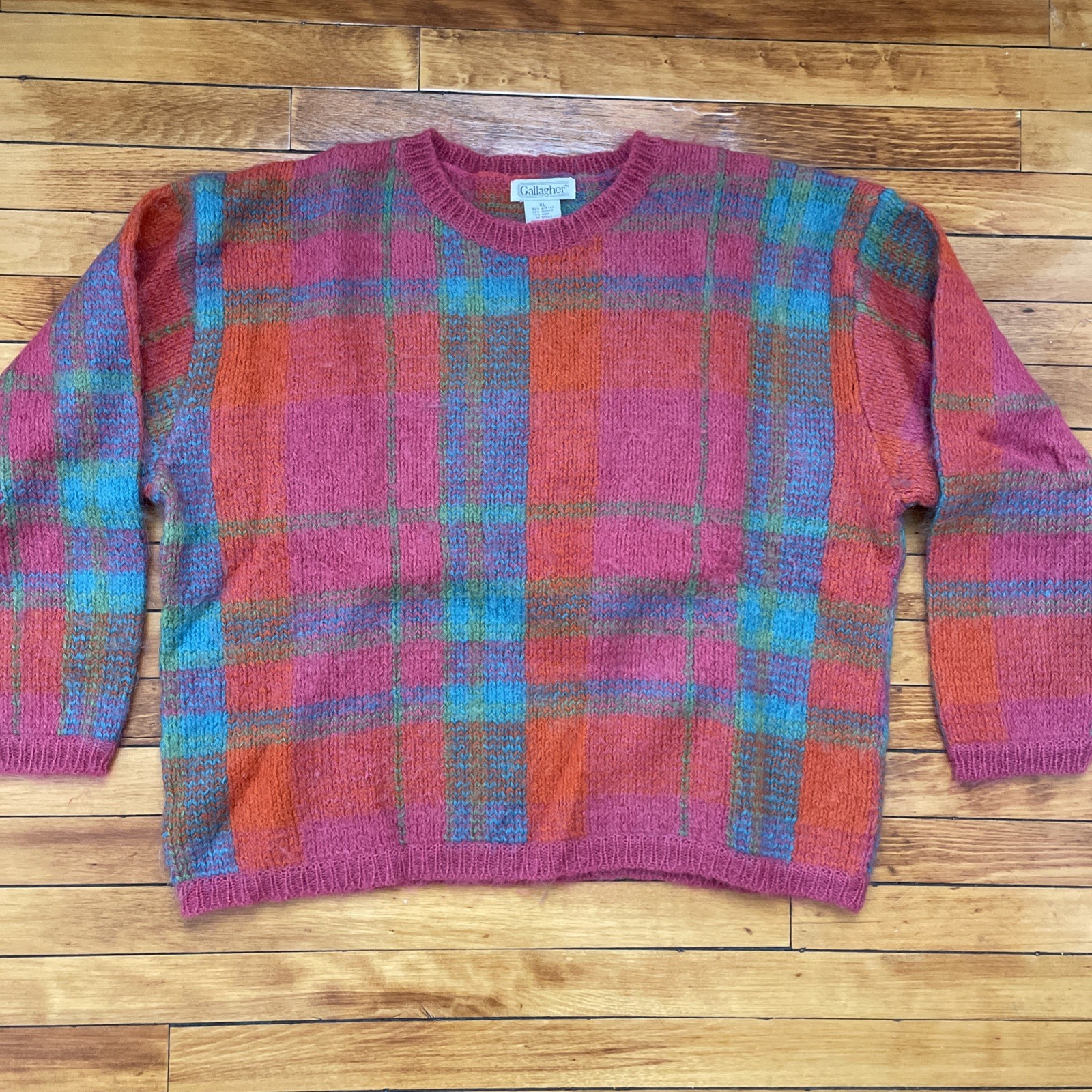 Vtg 80s Rainbow Plaid Gallagher Knitted Mohair Wool Sweater Womens XL