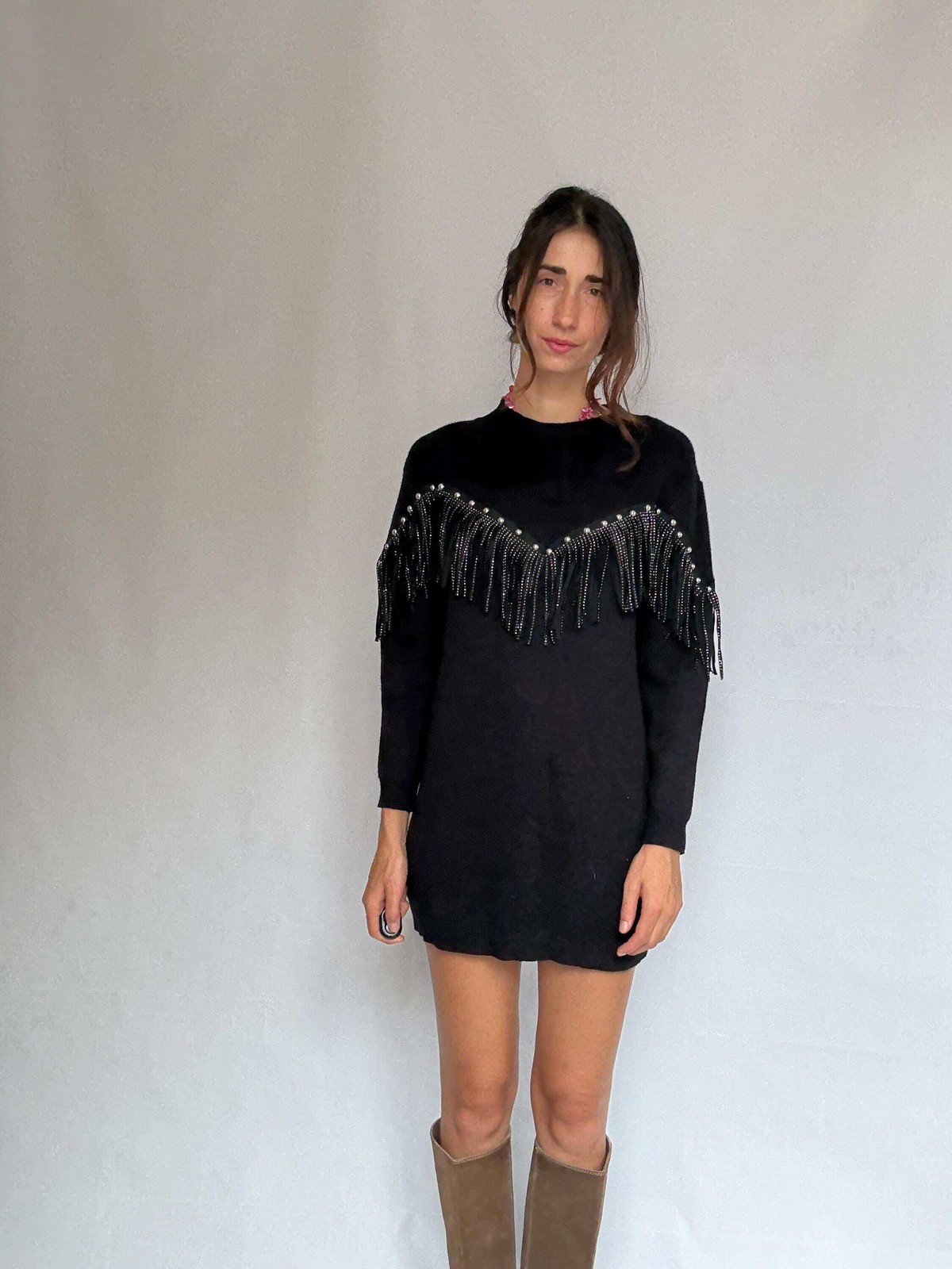 Western black mini dress, Embellished fringe short spring dress, Retro 90s vinta