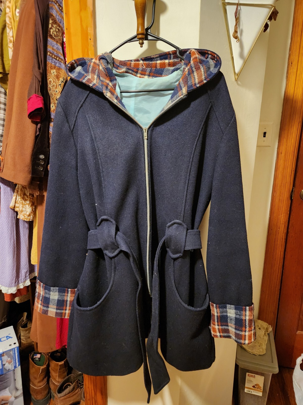 Vintage 1970s Lane Bryant Tall Shop Navy Blue/Plaid Wool Coat/Jacket XXL