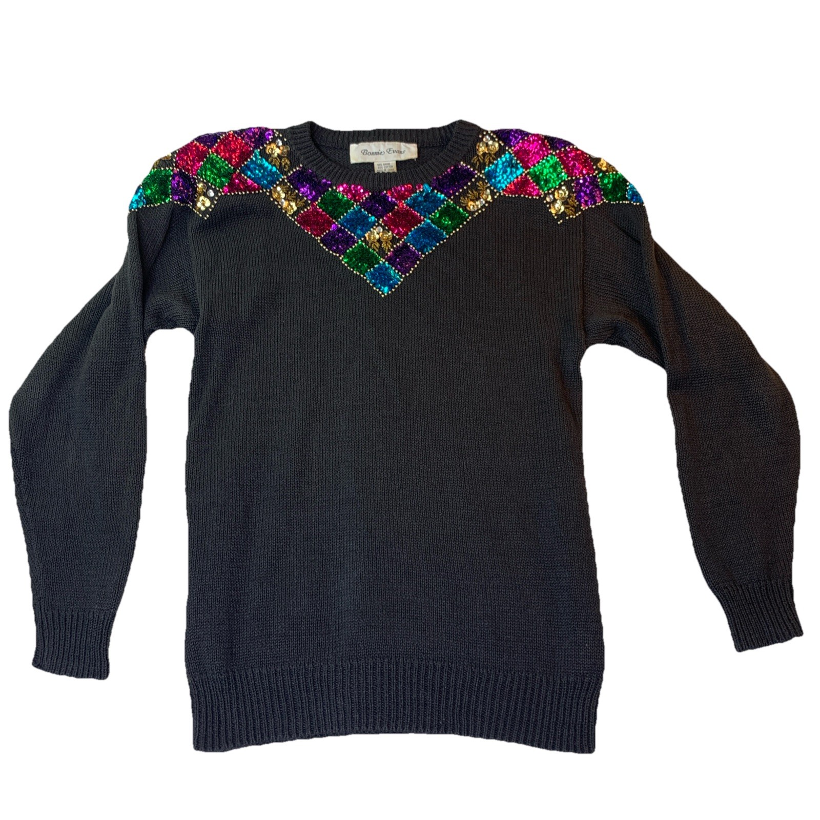 Vintage 80s Black Sweater M Sequin Beaded Neckline Cotton Ramie Knit