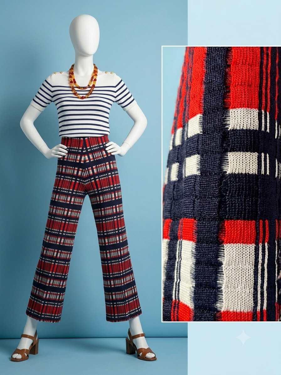 Vintage 1970s Textured Plaid Red White And Blue Flare Leg Pants Size 28×29
