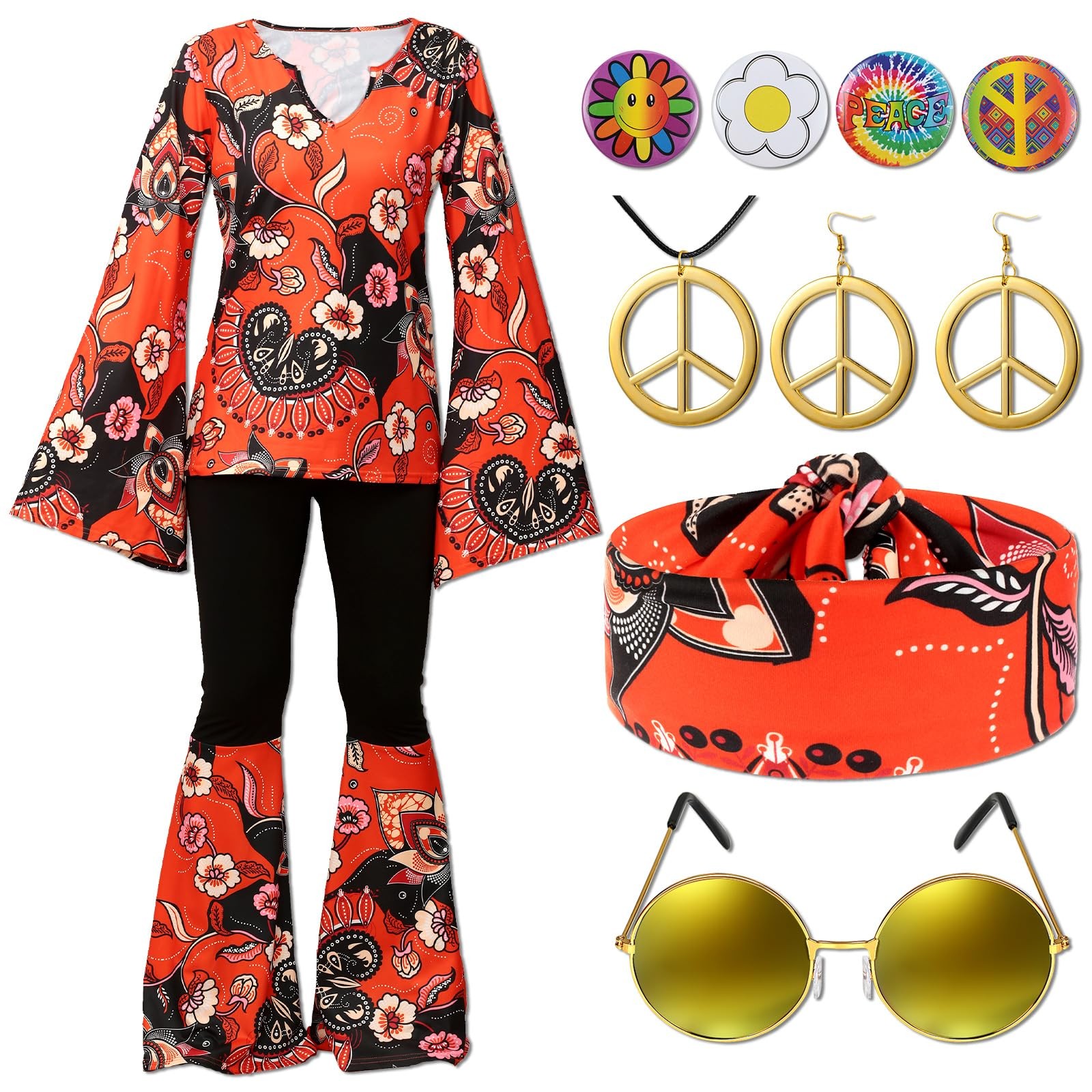 Jiuguva 11 Pcs 60s 70s Outfits for Women Hippie Costume Set X-Large, Red