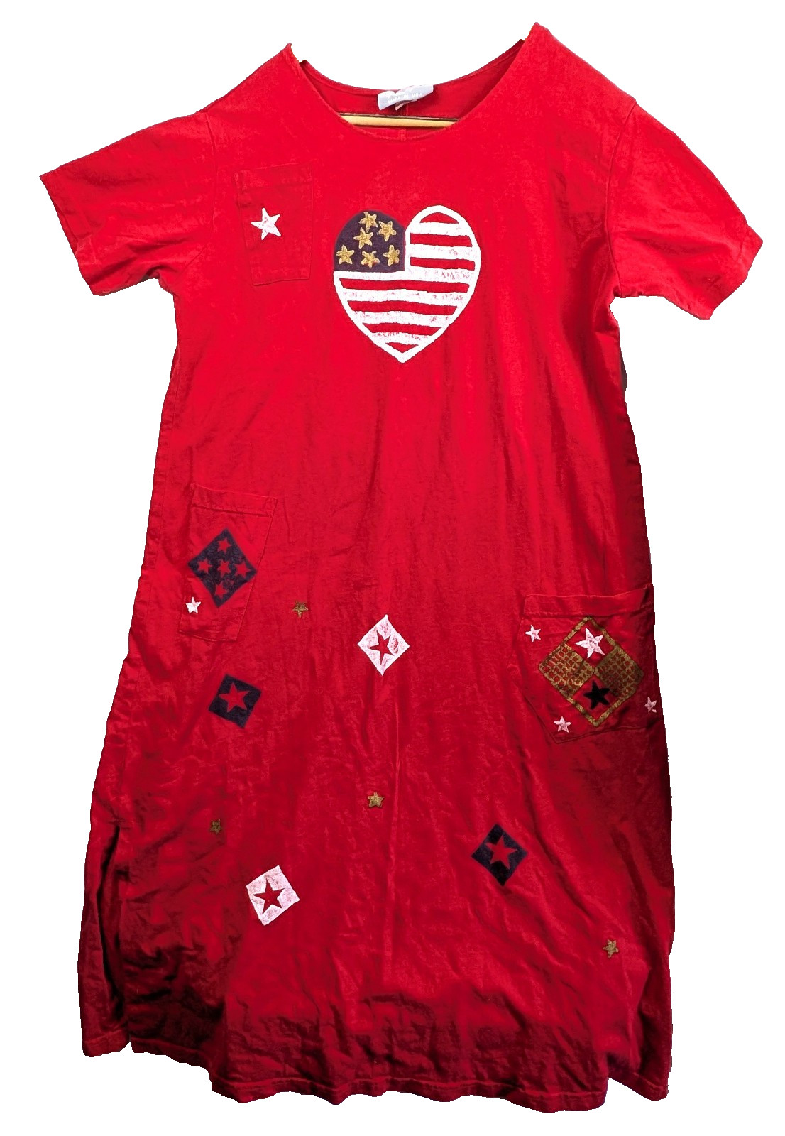 Vintage Red White Blue Midi T Shirt Dress Short Sleeve Paint Style Y2K 80s 90s
