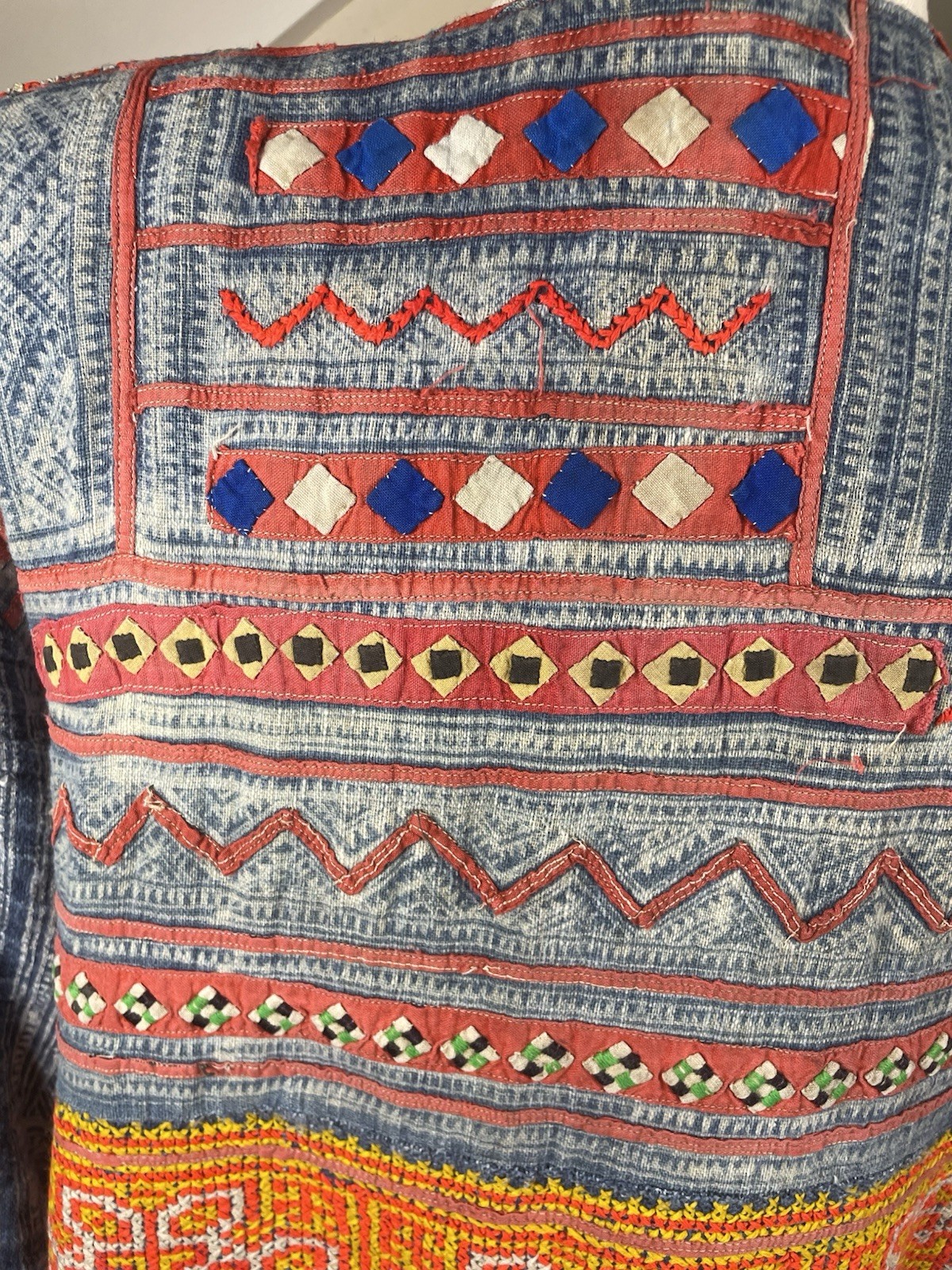 Vintage Hmong Style Embroidered Jacket Boho Ethnic Artisan Indigo Print XL