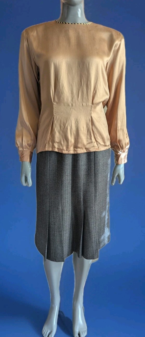 Vintage 1980s Casual Corner 100% Silk Satin-Finish Bronze Blouse Rope Trim 4
