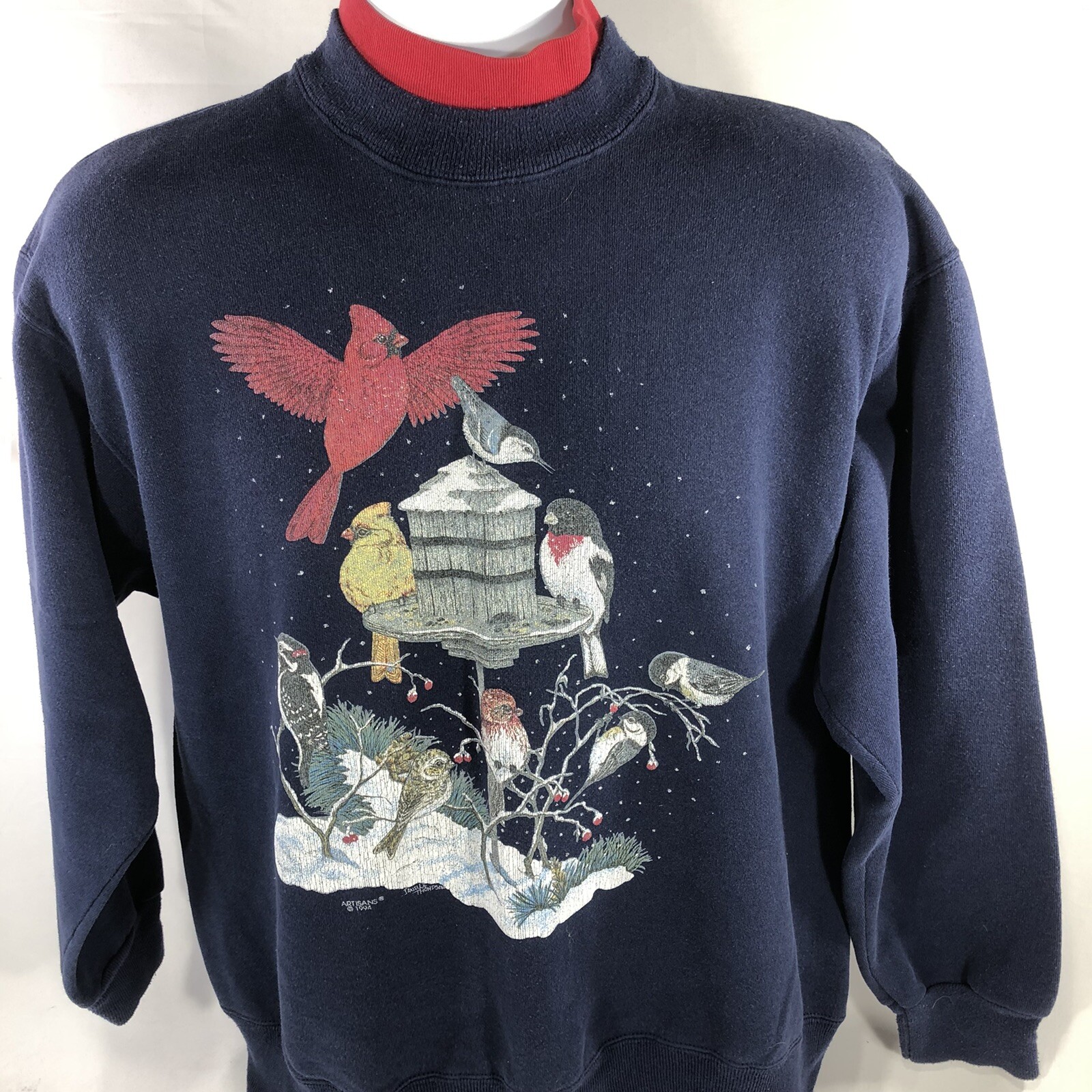 Vintage Cardinal Bird Feeder Winter Sweatshirt Layered Neck USA Made Large 90s
